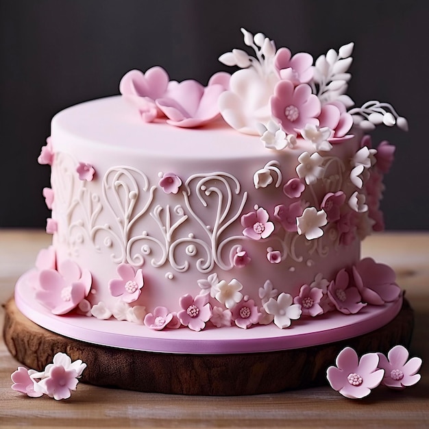 Foto roze cake versierd met bloemen