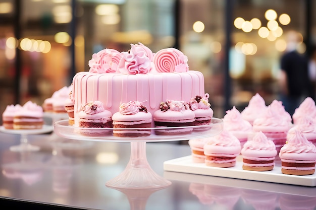 Roze cakes op een winkelvenster Horizontale foto