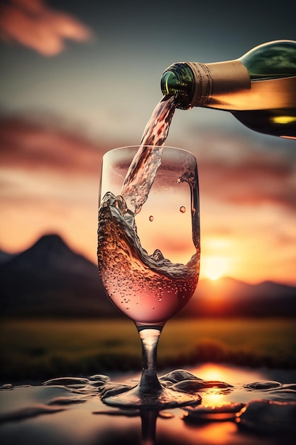 Roze champagne wordt in een glas gegoten tegen de achtergrond van een prachtige zonsondergang