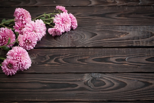 Roze chrysanten op donker hout