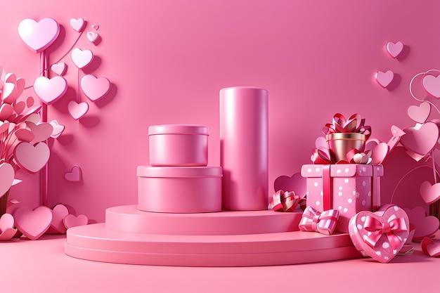 Roze cilinder podium met harten en roze cadeau doos voetstuk product display stand romantiek liefde platform op roze achtergrond 3d rendering