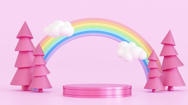 Roze cilinderpodium met regenboog en wolk mockup voor producttentoonstellingsadvertenties ontwerpen 3d-rendering