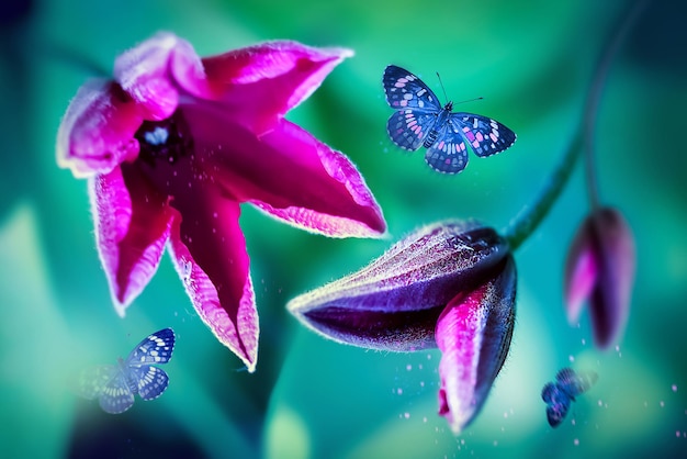 Roze clematisbloemen en vliegende vlinders in een sprookjestuin Selectieve en zachte focus Zomerwonderland