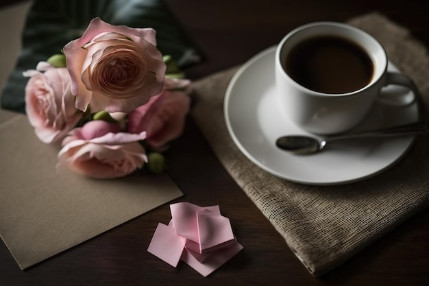 Roze corsages in de buurt van koffie