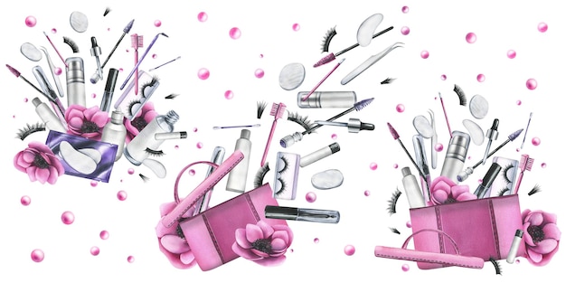 Foto roze cosmetische tas met anemoonbloemen en verschillende decoratieve en huidverzorgingscosmetica aquarel illustratie hand getekend set van solated composities op een witte achtergrond