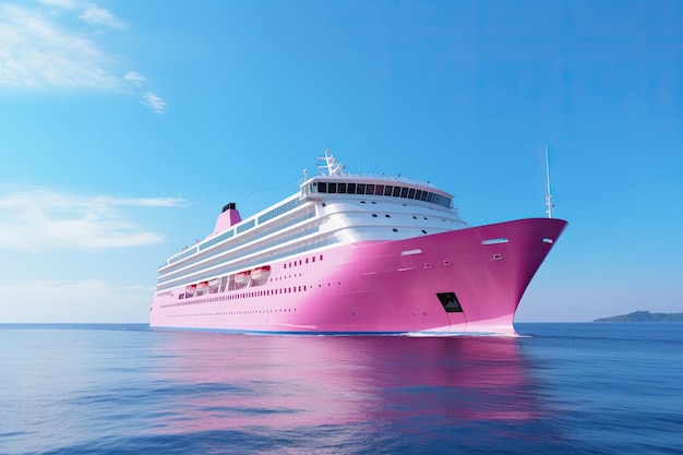 Roze cruiseschip dat in een blauwe kalme zee vaart met blauwe lucht