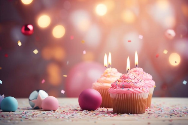 Roze cupcake en witte een kaars op kleurrijke achtergrond met luchtballonnen gelukkige verjaardag en anniv