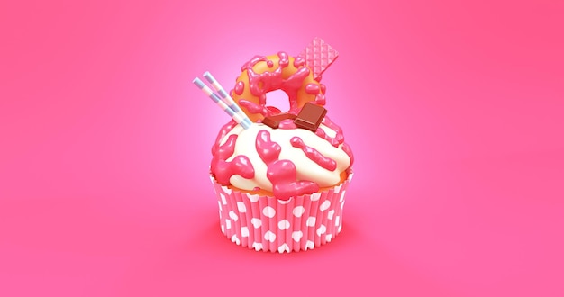 roze cupcake met ijs en donut bovenop 3d render illustratie