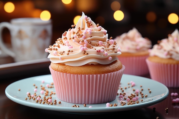 Roze cupcake omringd door kruimels en zoete confetti generatieve IA