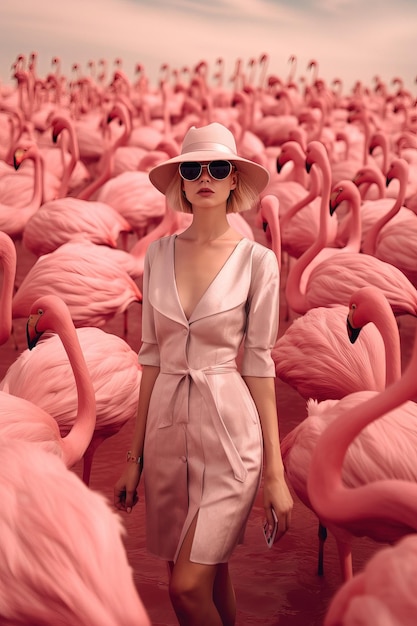 roze damesmode die tussen roze flamingo's loopt Generatieve AI
