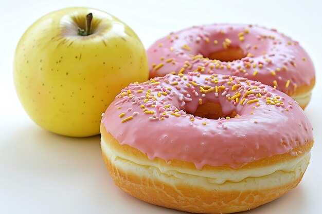 Foto roze donut en appel gezond voedsel en dieet concept