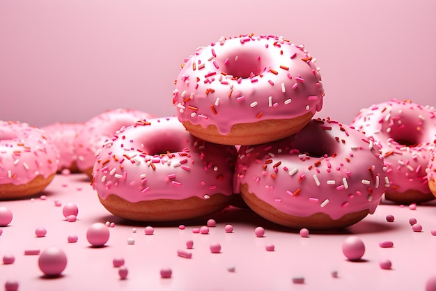 Foto roze donuts met veelkleurige sprinkles 3d-stijl genereren ai