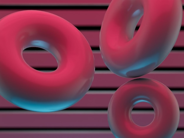 roze donuts op een plank roze achtergrond met zwarte strepen. 3D render. 3d illustratie