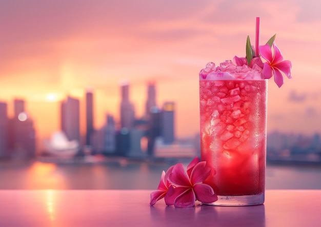 Roze drankje met roze bloemen op tafel voor Cityscape