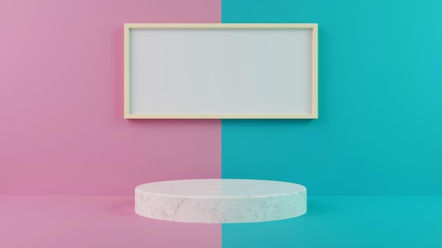 Roze en blauwe achtergrond marmeren podium met frame 3D render minimalistisch ontwerp mockup