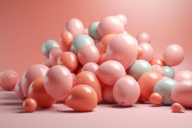 Roze en blauwe ballonnen op roze achtergrond 3D-render illustratie generatieve ai