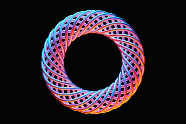 Roze en blauwe futuristische neon torus donut op zwarte geïsoleerde achtergrond 3D-rendering