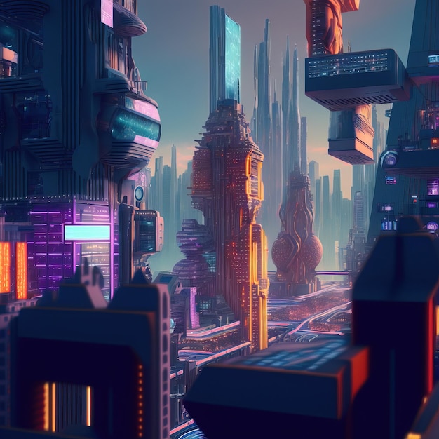 roze en blauwe neonlichten boven een stad vol wolkenkrabbers cyberpunk-stijl donkere stad met verloop