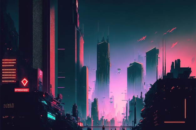 roze en blauwe neonlichten boven een stad vol wolkenkrabbers cyberpunk-stijl donkere stad met verloop
