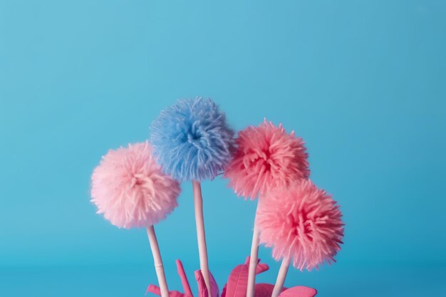 Foto roze en blauwe pom poms zijn op stokjes in een roze achtergrond.