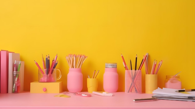 Roze en gele potloden op een bureau met een gele achtergrond