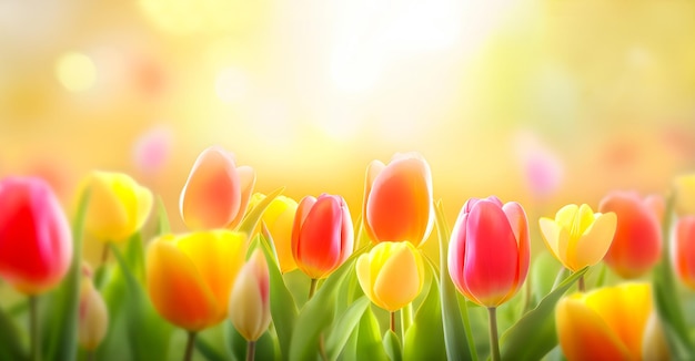 Roze en gele tulpen met verse groene bladeren in zacht licht op onscherpe achtergrond Floral banner