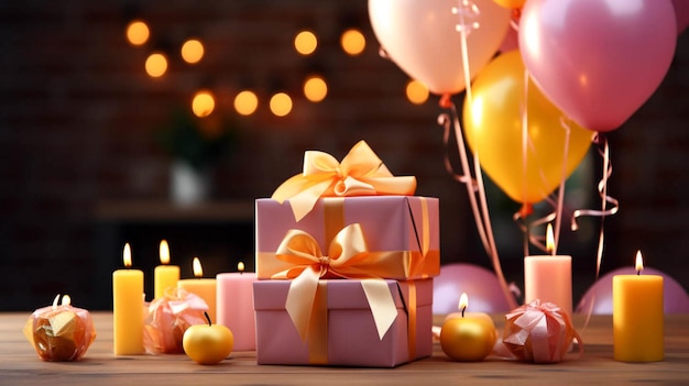 Roze en gele verjaardagsdecoratie met ballonnen een geschenk ideaal voor feestelijke achtergronden Geschenkdoos met rood lint en geschenk podium