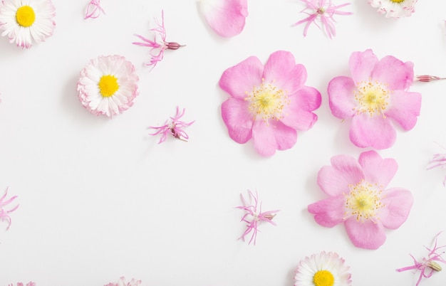 Roze en gele zomerbloemen op wit oppervlak