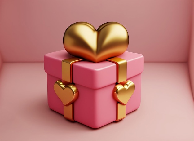 roze en gouden cadeau doos met liefde hart icoon 3d rendering