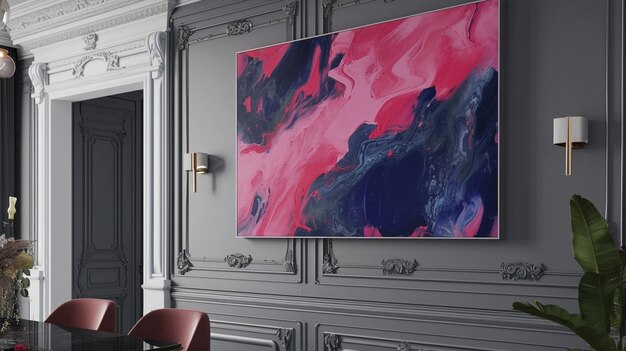 Roze en marineblauwe abstracte schilderij op een grijze muur met molding in een elegante eetzaal Generative Ai