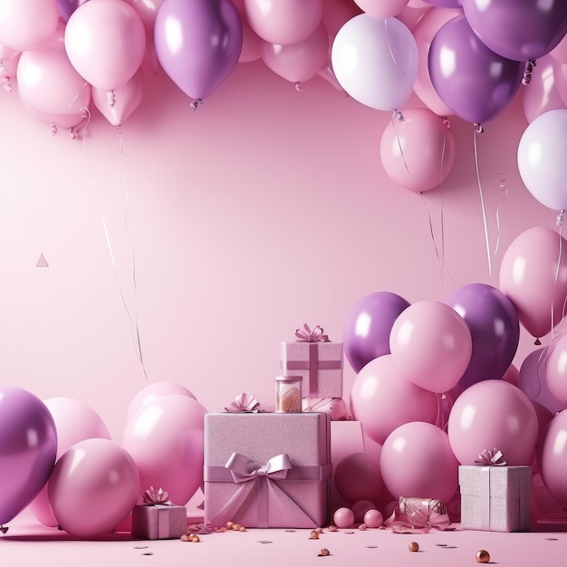 Roze en paarse ballonnen geschenkdozen en confetti op roze achtergrond