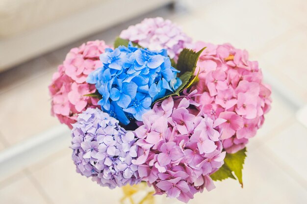 Roze en paarse hortensia boeket bovenaanzicht op witte backround