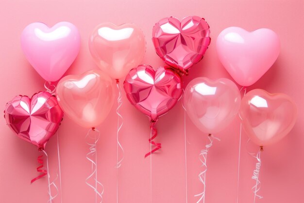 Roze en rode hartvormige ballonnen op roze achtergrond