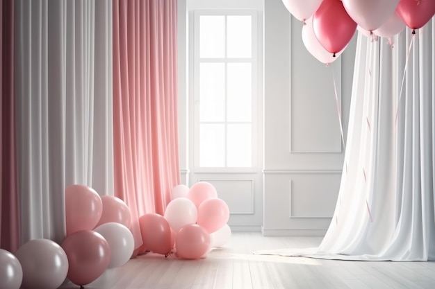 Roze en witte ballon op witte kamer met gordijnachtergrond