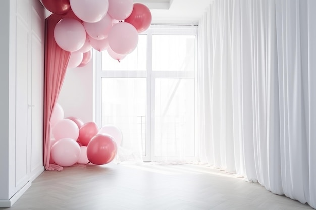 Roze en witte ballon op witte kamer met gordijnachtergrond