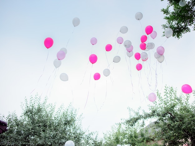 Roze en witte ballonnen vliegen weg in de lucht