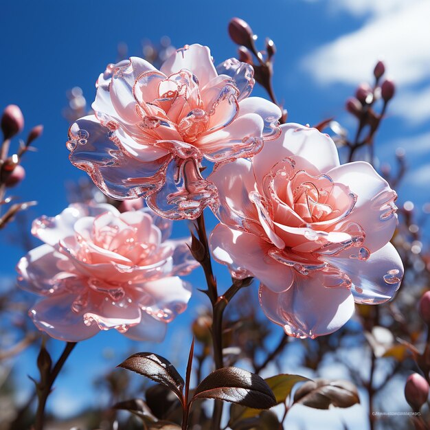 Roze en witte bloemen met het woord "de" op de bodem.