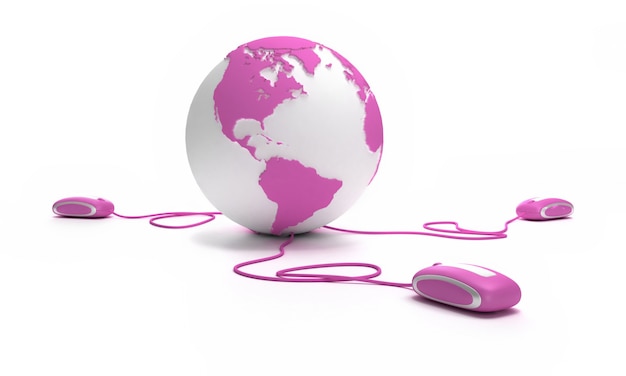 Roze en witte Earth Globe gericht op Amerika verbonden met drie computermuizen.