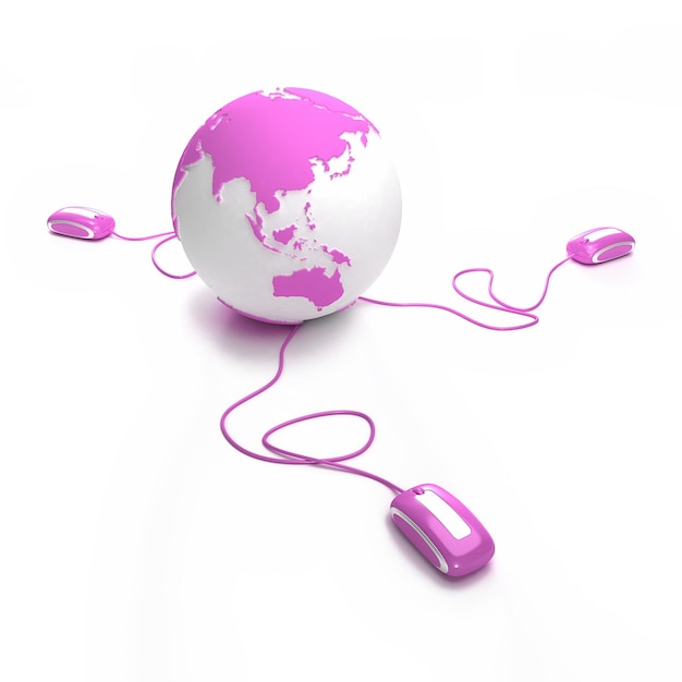 Roze en witte earth globe gericht op azië verbonden met drie computermuizen