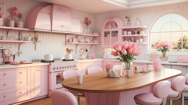 roze en witte keuken met houten werkbladen