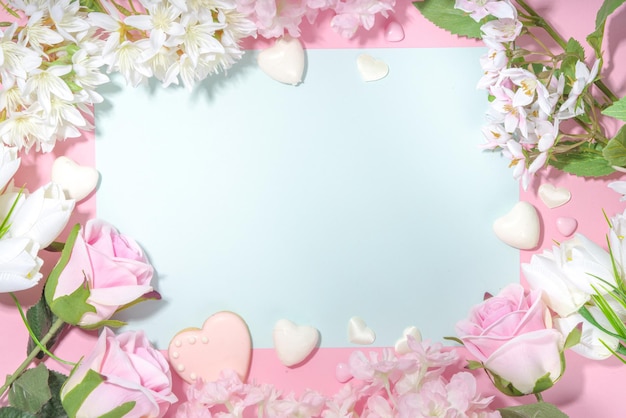 Roze en witte lente vakantie achtergrond met verschillende schattige tedere bloemen. Valentijnsdag, internationale vrouwendag 8 maart, verjaardag, moederdag wenskaart mockup bovenaanzicht flatlay frame