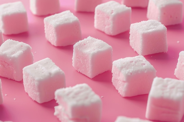 Roze en witte marshmallow kubussen op een roze achtergrond