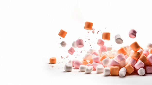 Roze en witte marshmallows vallen uit een fles