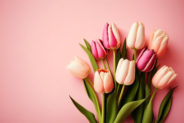 Roze en witte tulpen op een roze achtergrond