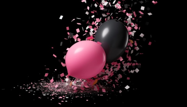 Roze en zwarte ballonnen vallen in de lucht en de zwarte achtergrond zegt gelukkige verjaardag