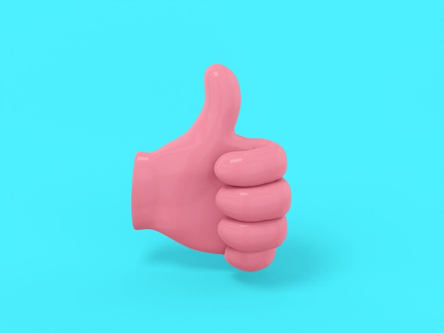 Roze enkele kleur palm met duim omhoog op een blauwe monochrome achtergrond. Minimalistisch designobject. 3D-rendering pictogram ui ux interface-element.