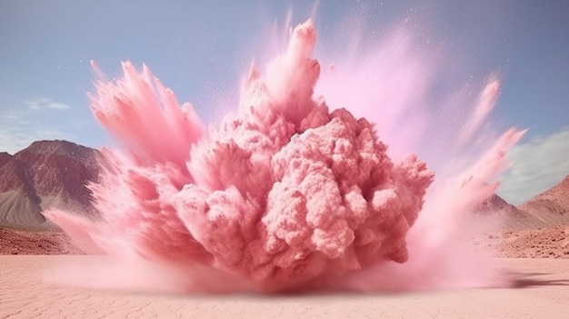 Roze explosie in de woestijn met een blauwe lucht op de achtergrond