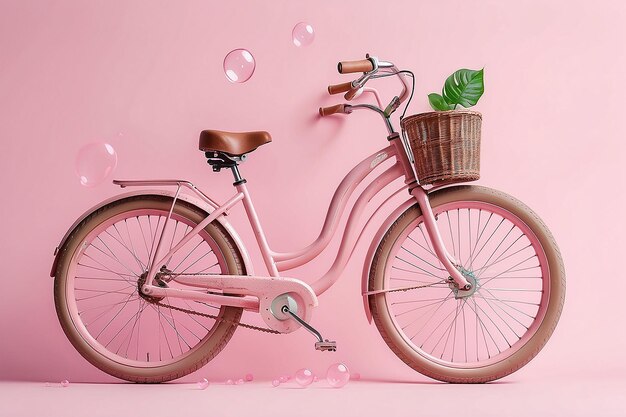 Foto roze fiets met bubbels die drijven op een pastelroze achtergrond milieuvriendelijk vervoer