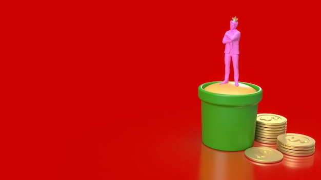 Roze figuur zakenman en munten 3D-rendering