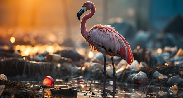 Roze flamingo in het water tussen plastic flessen en afval